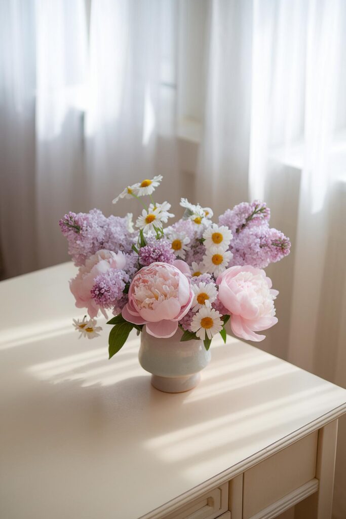 Vase with pink peonies, lilacs, and daisies on sunlit table near window.
