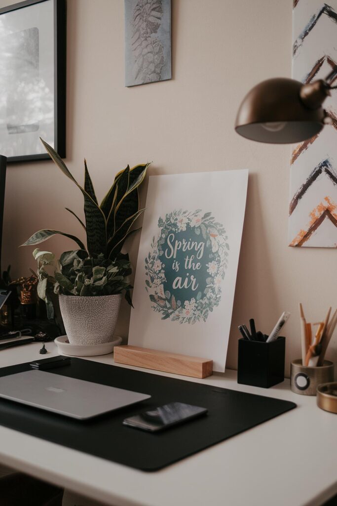 Home office desk with a laptop, plant, and decorative Spring is in the air artwork for a cozy workspace.