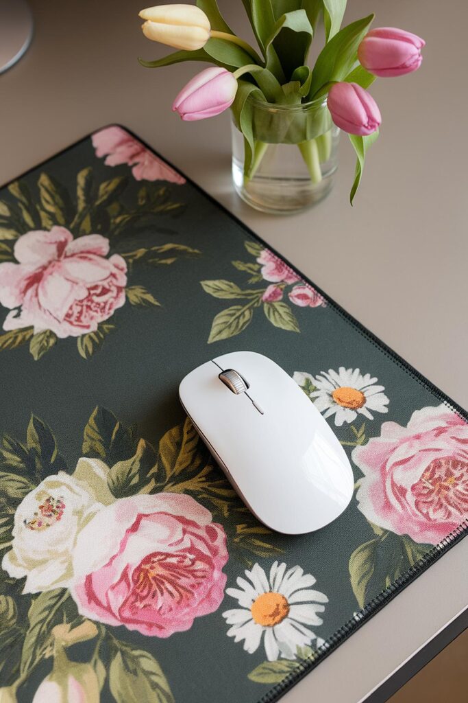 Wireless mouse on floral mouse pad, with a vase of tulips on a desk. Perfect office decor.