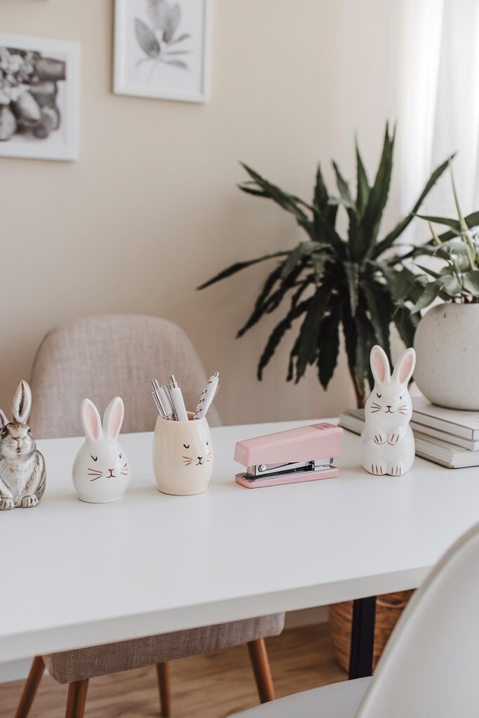 Decorative bunny pen holders and pink stapler on a white desk with plants in a minimalistic home office.