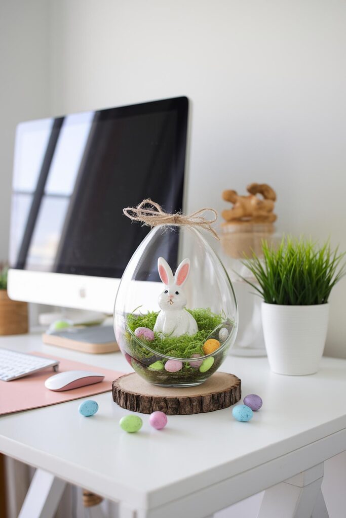 Easter desk decor with a bunny in a glass egg, surrounded by colorful eggs and moss, beside a computer.