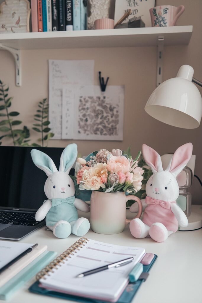 Cozy desk with plush bunnies, floral bouquet, and stationery for a creative workspace vibe.