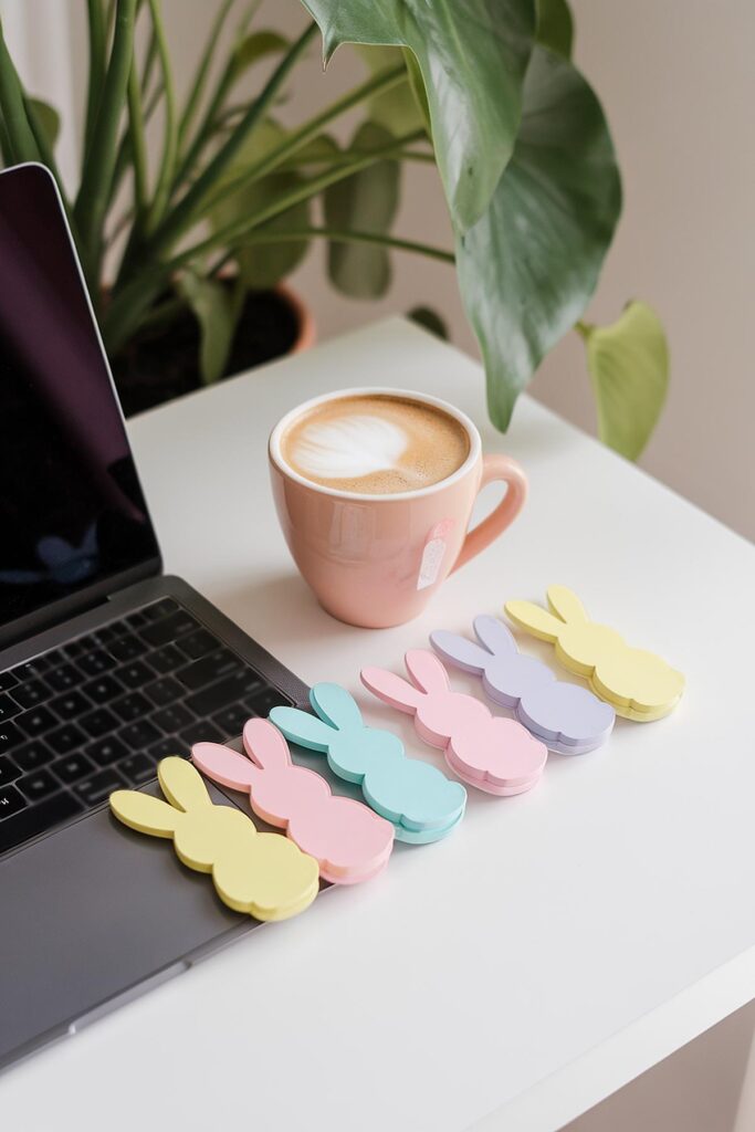 Laptop with pastel bunny notepads and coffee near a plant on a desk. Cozy workspace detail.