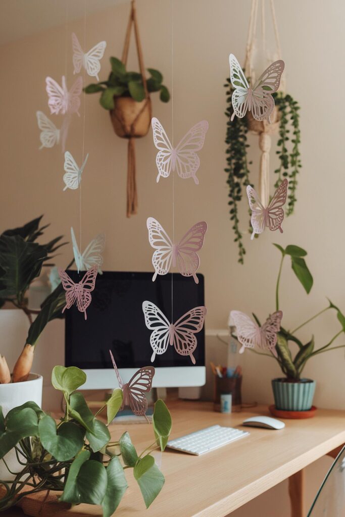 Butterfly decorations in a cozy workspace with computer and indoor plants. Relaxing and creative office setup.