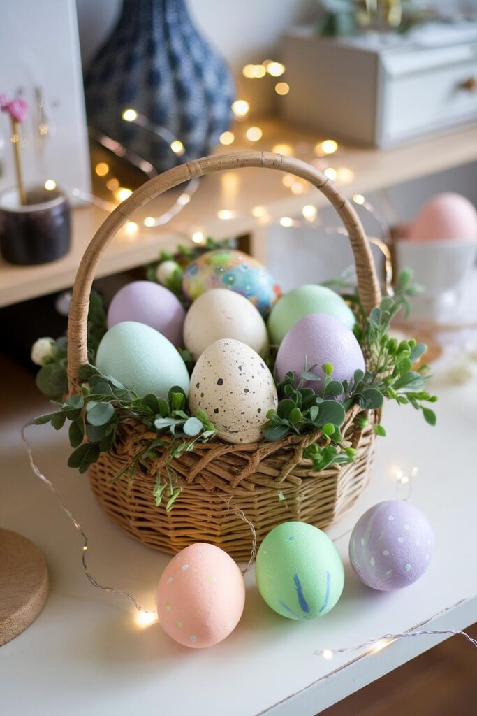 Colorful Easter eggs in a wicker basket with greenery and soft lights on a festive table setting.