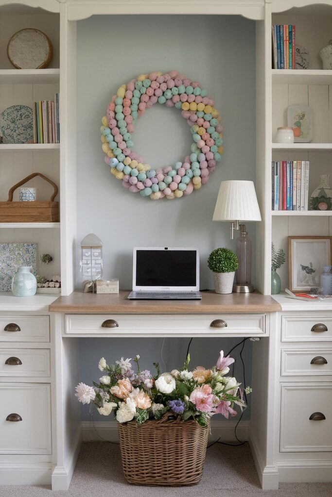 Cozy home office with laptop, pastel wreath, bookshelves, and a wicker basket of flowers.