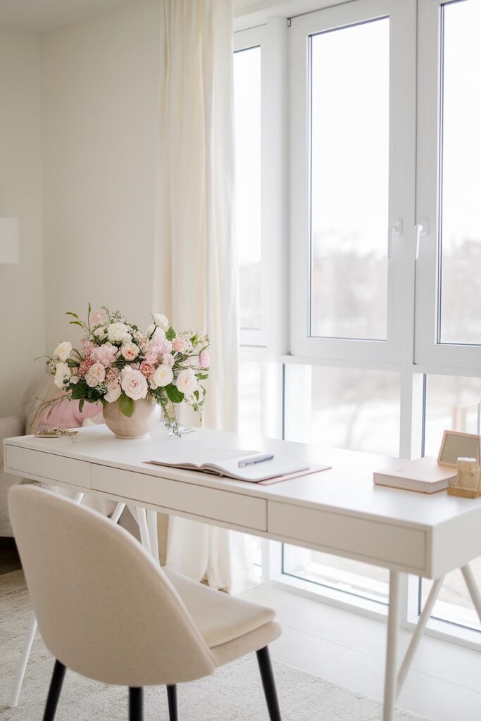 Elegant home office with a white desk, cozy chair, and flowers by a large window. Minimalist workspace.