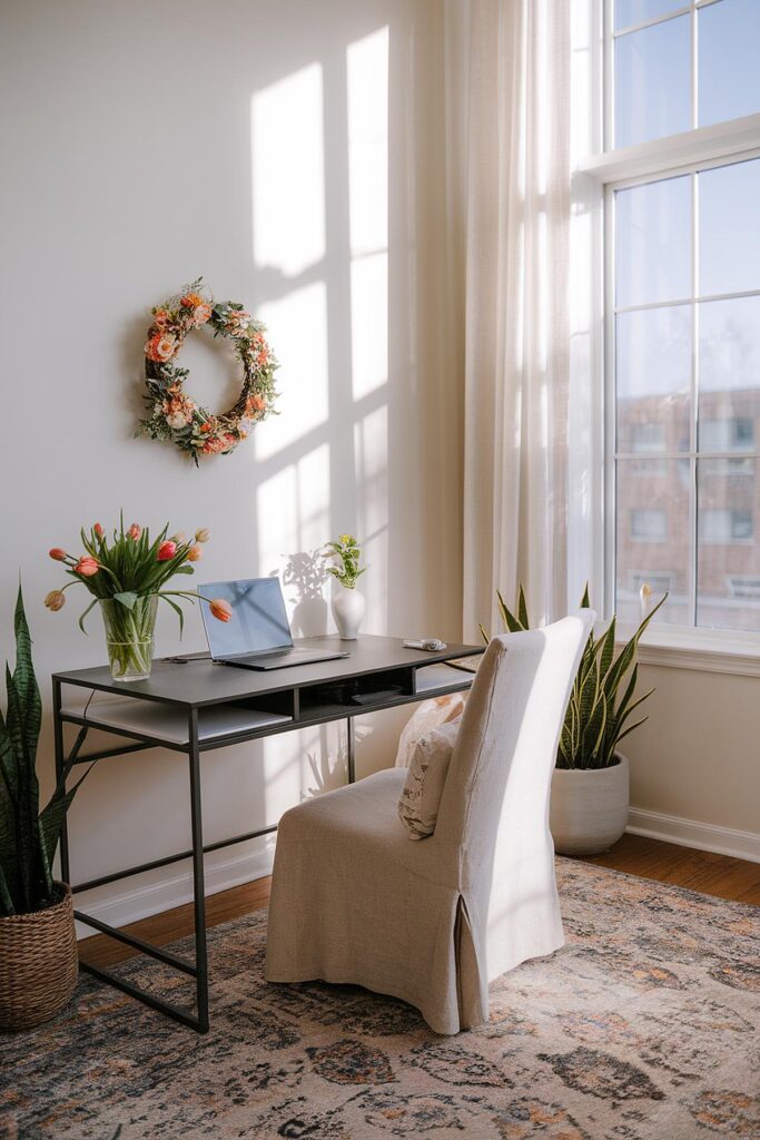 Cozy home office with laptop, flowers, and sunlight streaming through a window. Elegant decor with wreath on wall.