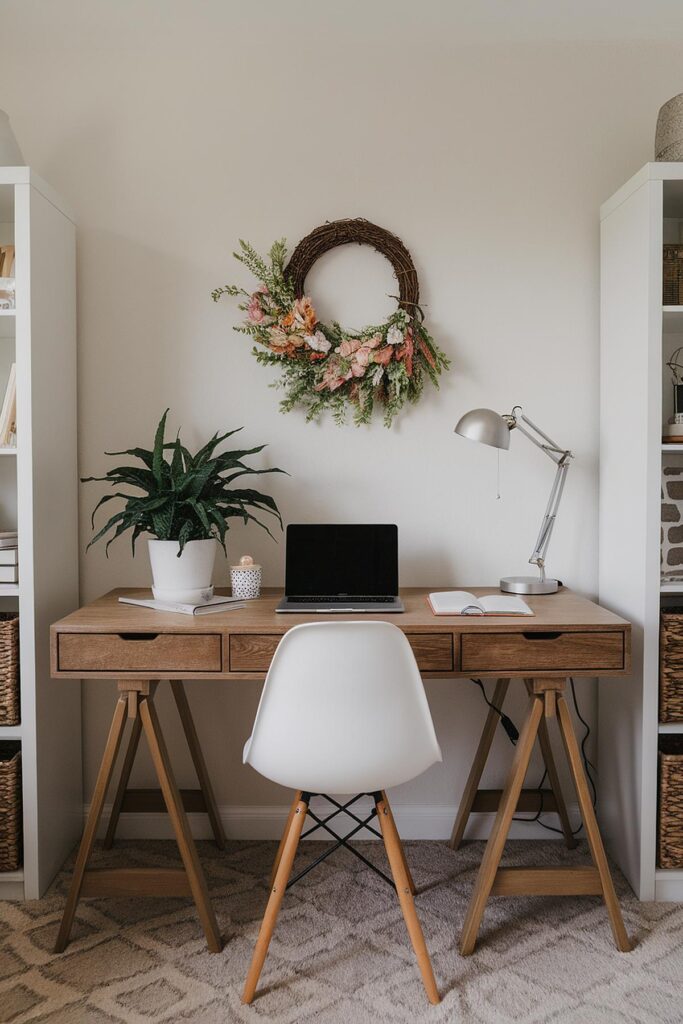 Cozy home office with wooden desk, laptop, lamp, and plant; floral wreath on the wall for decor.