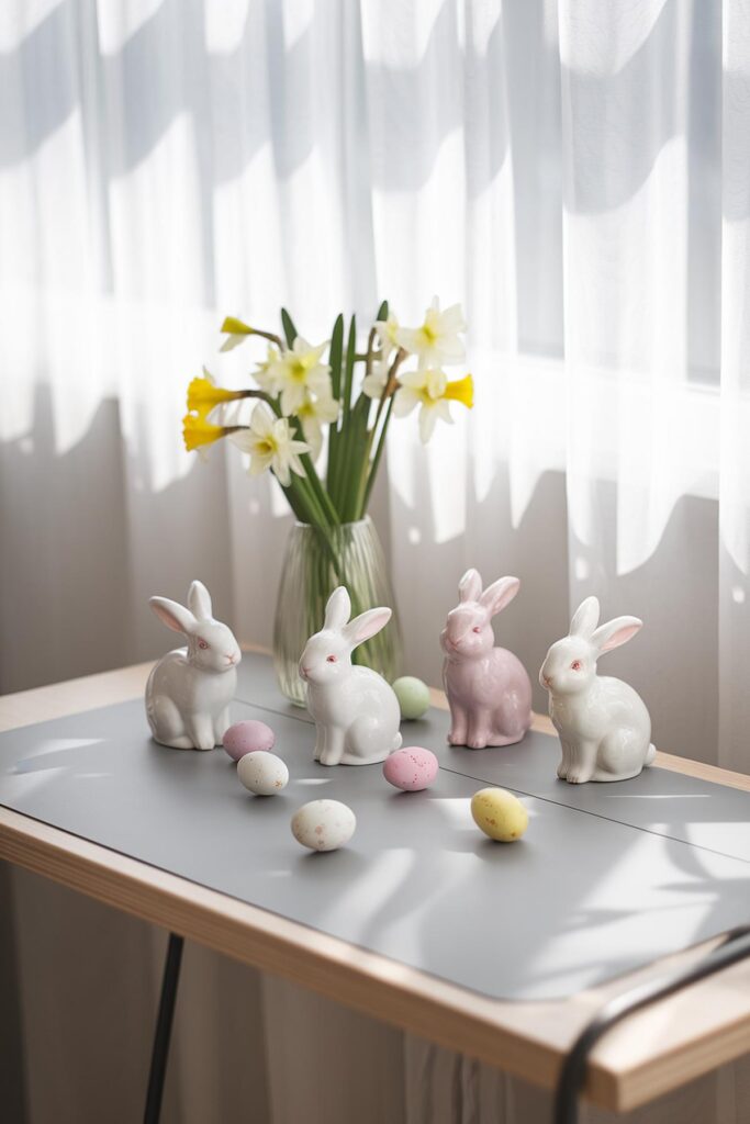 Ceramic bunnies with pastel eggs and daffodils on a table, perfect spring or Easter decor.