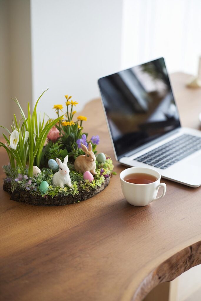 Laptop on wooden desk with tea and spring-themed decor featuring rabbits and colorful eggs. Cozy work setup.