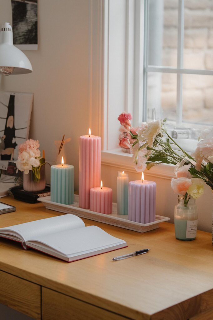 Cozy desk scene with lit pastel candles, flowers, open notebook, and pen near a window.