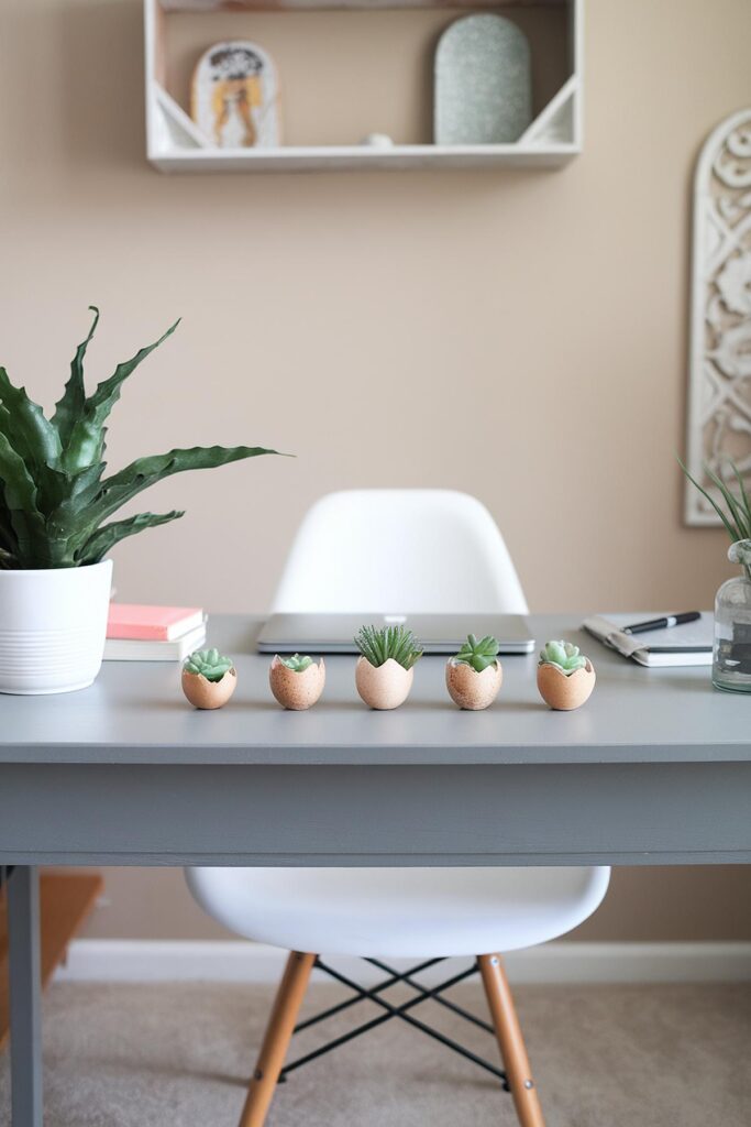 Minimalistic desk with potted plants in eggshells, white chair, notebooks, and laptop in a modern office setup.