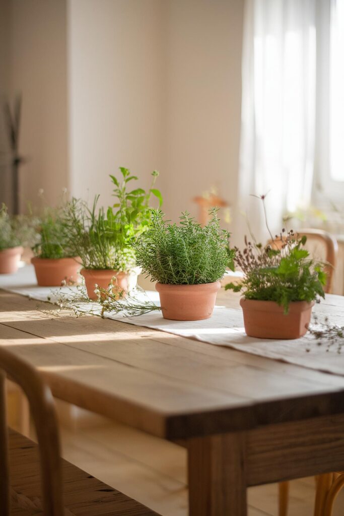 Cozy sunlit room with potted herbs on a wooden table, enhancing natural home decor and indoor gardening vibes.