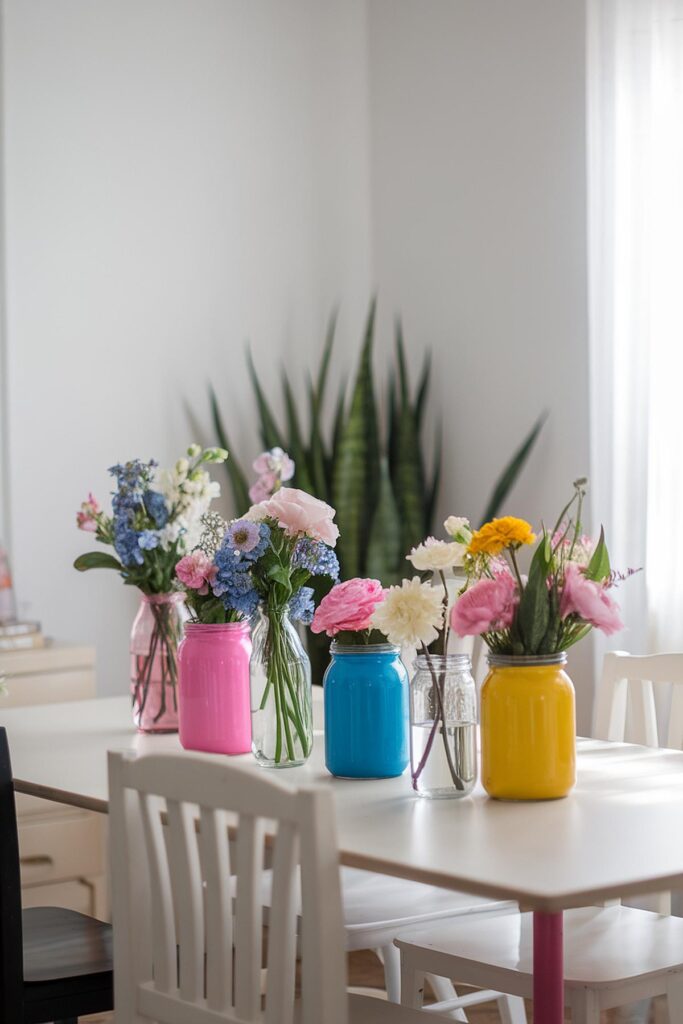 Colorful flowers in jars decorate a white table, adding a vibrant touch to a bright, cozy room.