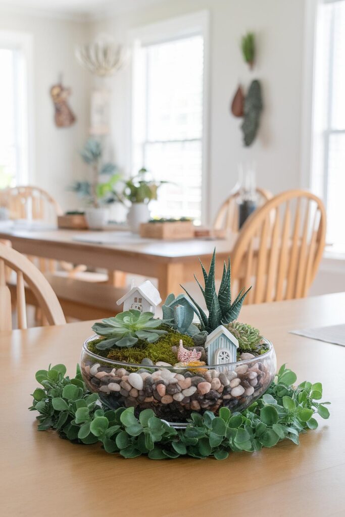 Elegant indoor terrarium centerpiece with succulents and mini houses on a dining table.