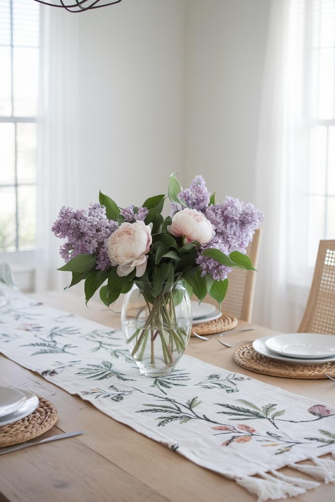 Elegant dining table with a vase of lilacs and peonies on floral runner, set for a meal.