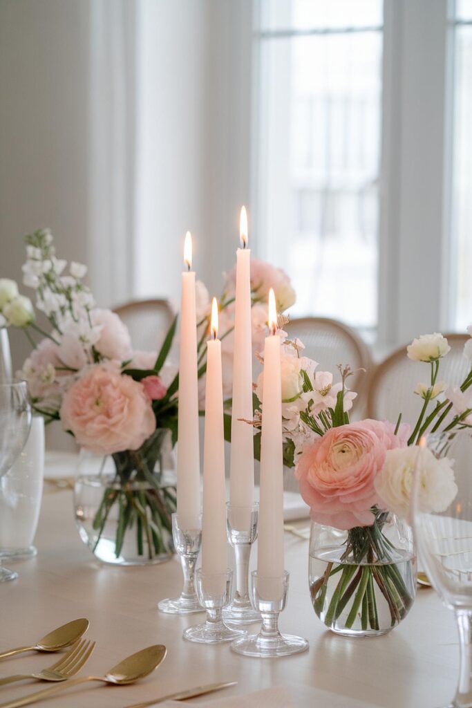 Elegant table setting with lit candles and pastel pink floral arrangements, perfect for a romantic dinner ambiance.