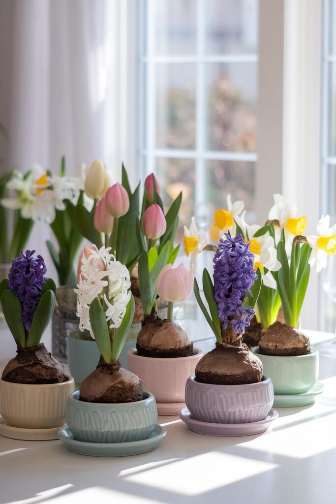 Spring flowers blooming indoors with tulips, hyacinths, and daffodils in colorful pots by a sunny window.