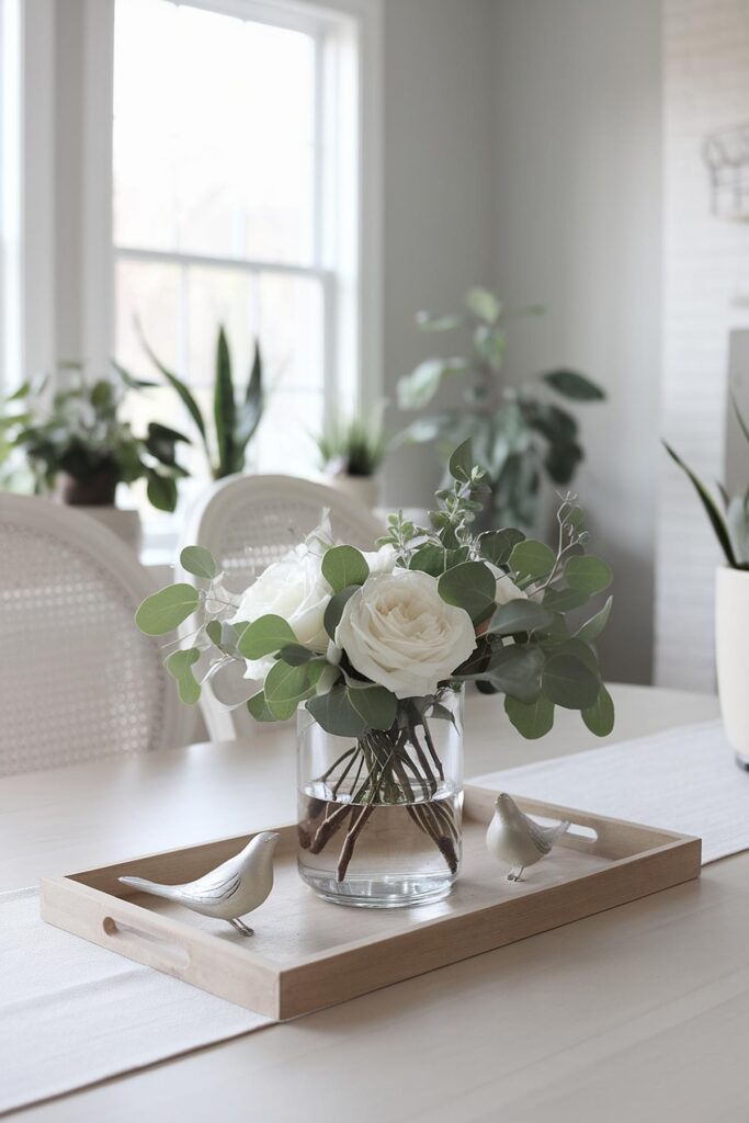 Elegant white roses and greenery in a vase on a wooden tray with bird figurines, surrounded by indoor plants.