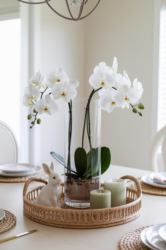 Elegant table centerpiece with white orchids, decorative rabbit, and candles on a woven tray.