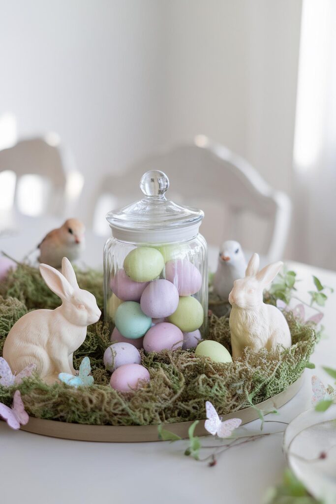 Easter décor with pastel eggs in glass jar, surrounded by moss, ceramic rabbits, and butterfly accents.