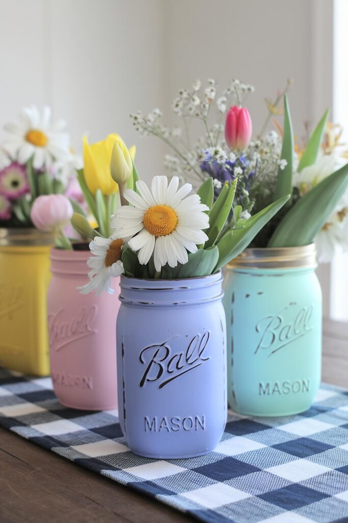 Colorful mason jars with spring flowers on a checkered tablecloth, creating a cheerful home decoration.