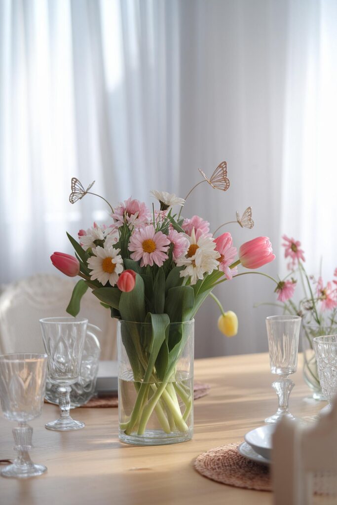 Bouquet of pink and white flowers with tulips in vase on dining table, adorned with decorative butterflies.