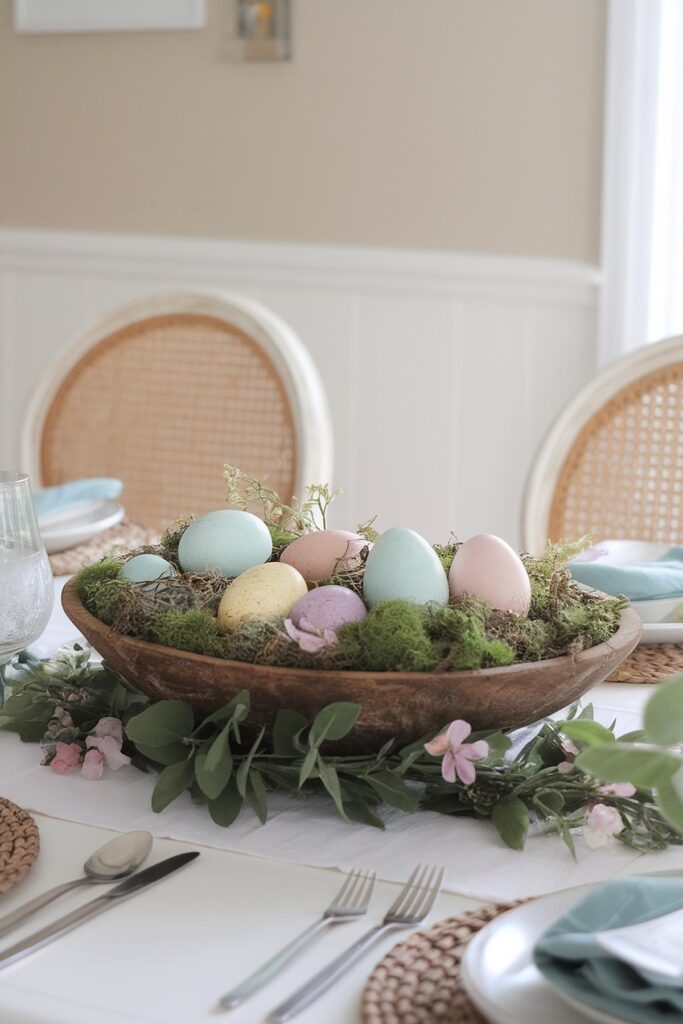 Easter table centerpiece with pastel eggs in a wooden bowl, surrounded by greenery and flowers.