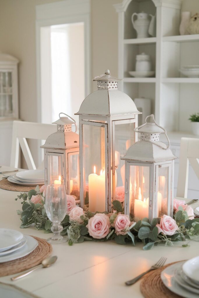 Romantic dining table setup with pink roses and glowing candles in rustic lanterns.