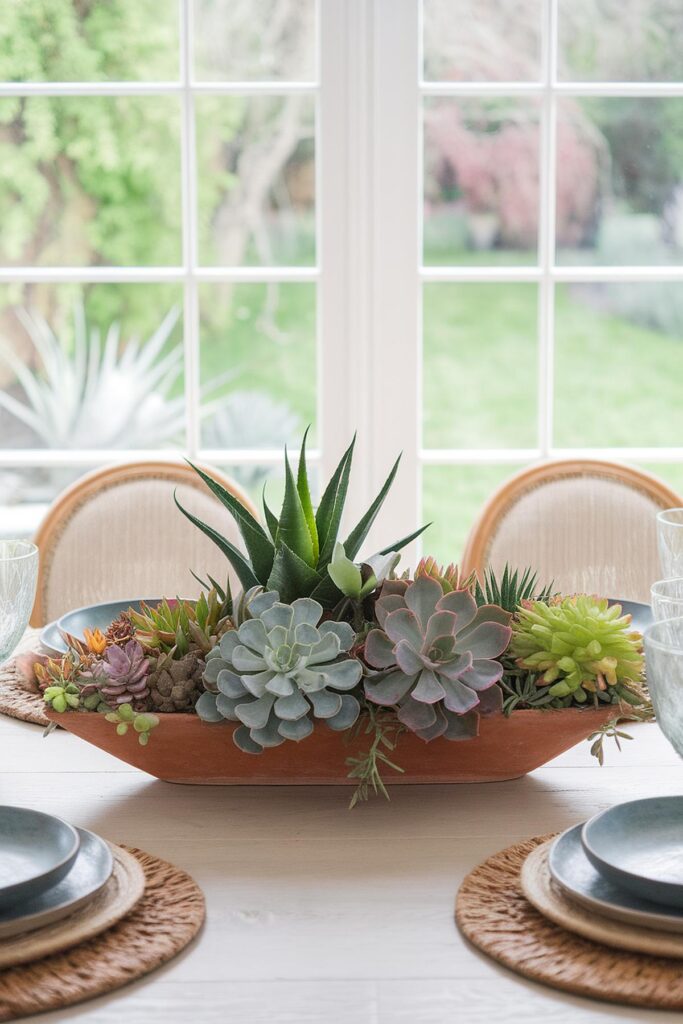 Succulent centerpiece on dining table by bright window, enhancing modern decor with natural greenery.