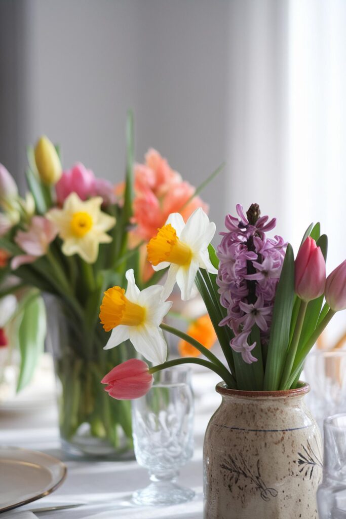 Spring flowers in vases brighten a table setting, featuring daffodils, tulips, and hyacinths in soft light.