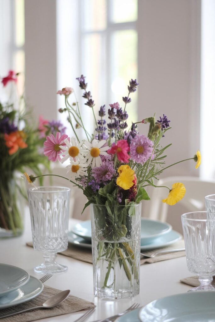 Vibrant wildflower bouquet in a clear vase on a set dining table with soft natural light from a window.