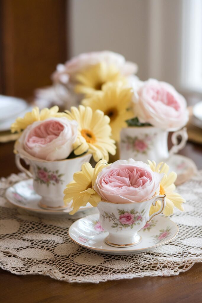 Floral arrangement with pink roses and yellow daisies in vintage teacups on lace tablecloth.