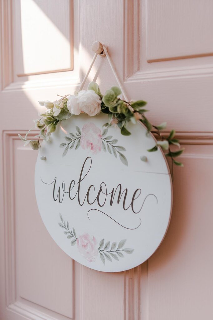 Round floral welcome sign hanging on a door, decorated with pink roses and greenery.