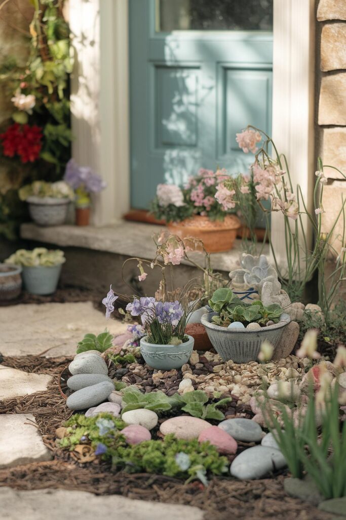 Garden with colorful flowers and plants in pots by a blue door, surrounded by stones and greenery.