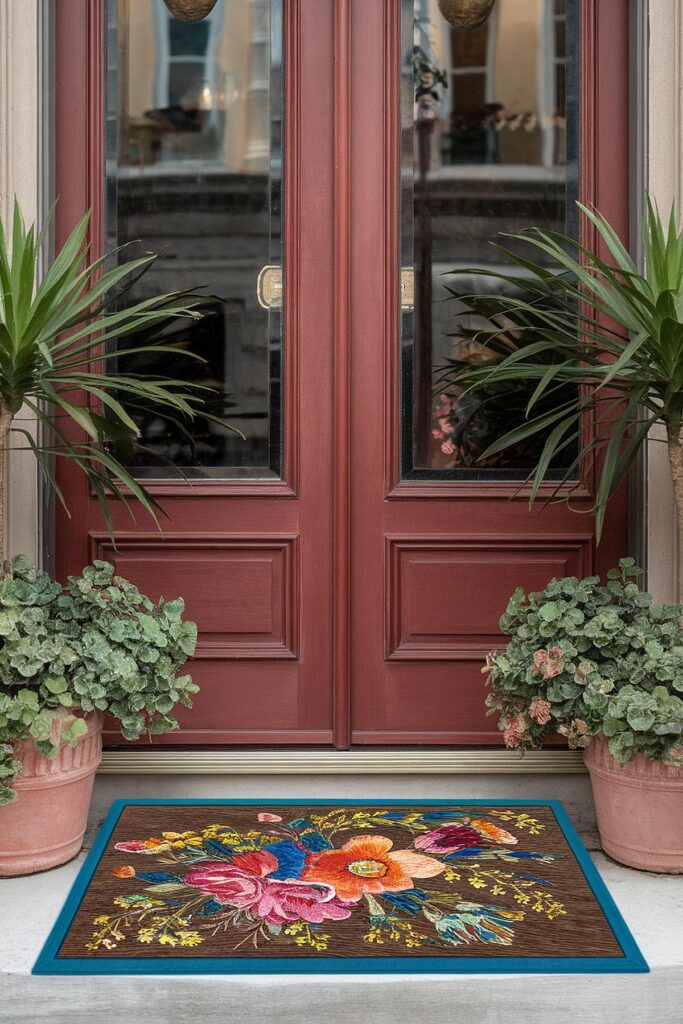 Colorful floral doormat in front of wooden double doors, flanked by potted plants.