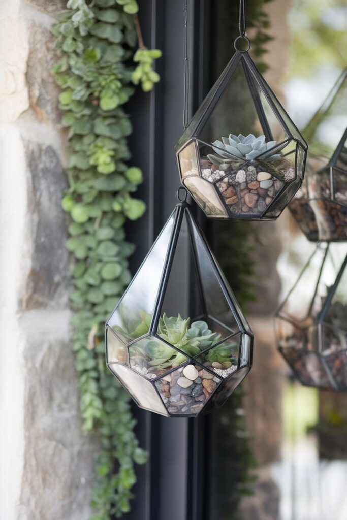 Hanging geometric terrarium with succulents, pebbles, and greenery in a modern outdoor setting.