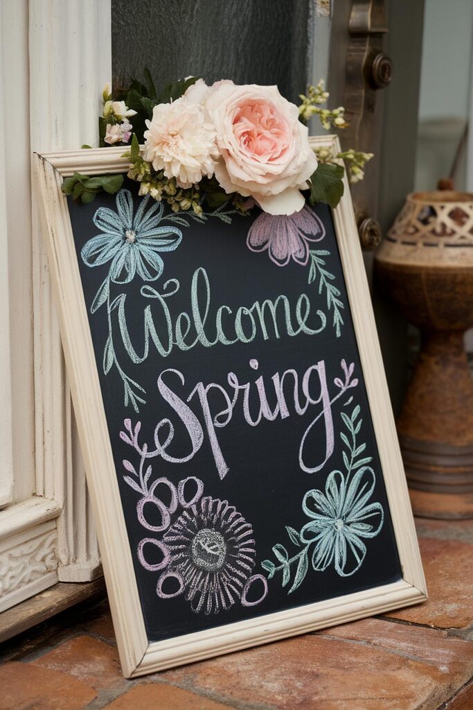 Chalkboard with Welcome Spring in pastel colors, adorned with pink roses and floral decorations.