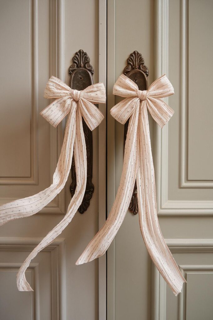 Elegant cream bows decorating vintage door handles.