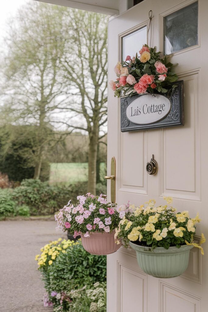 Cottage door with floral decor and hanging baskets, surrounded by lush garden and trees in springtime.