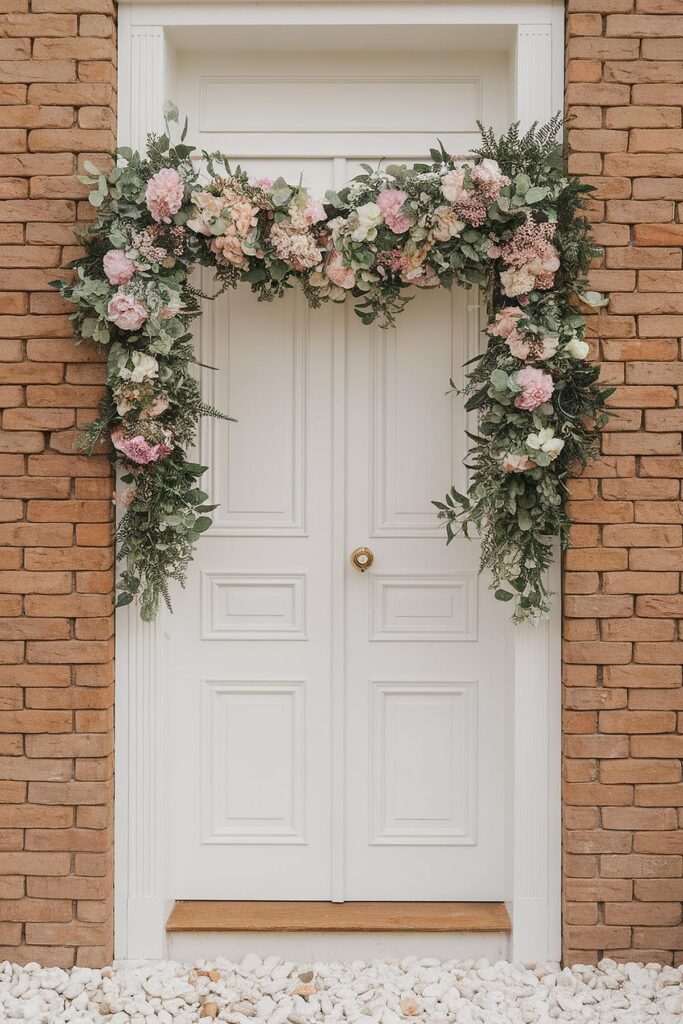 White door with pink and green floral garland on a brick house background. Elegant and welcoming entrance decor.