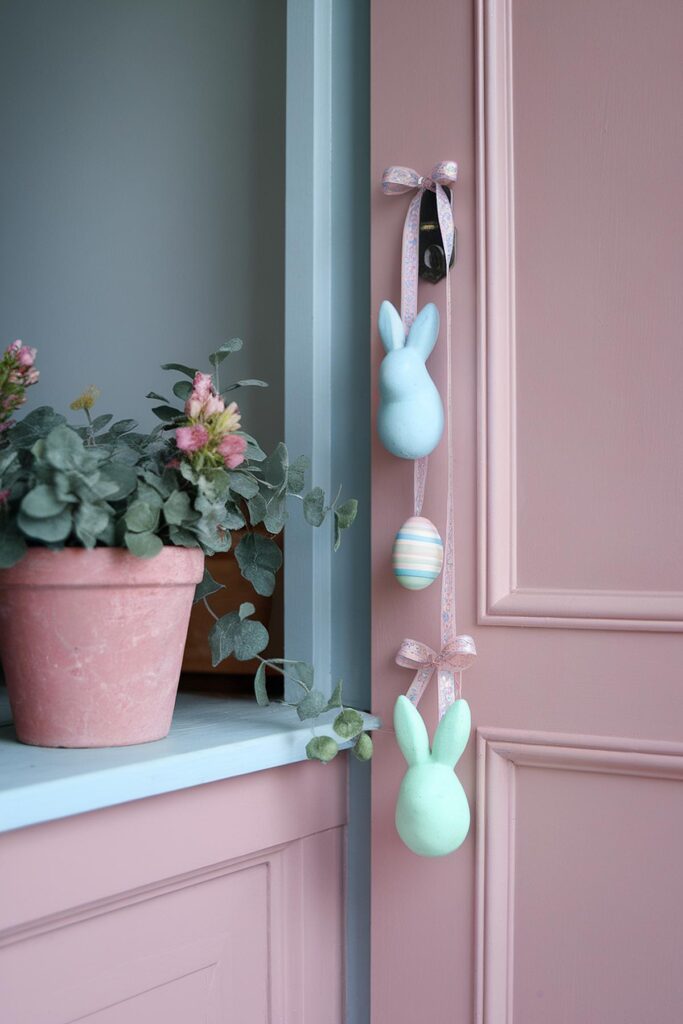 Pink door with hanging pastel Easter decorations and a potted plant with pink flowers on the windowsill.