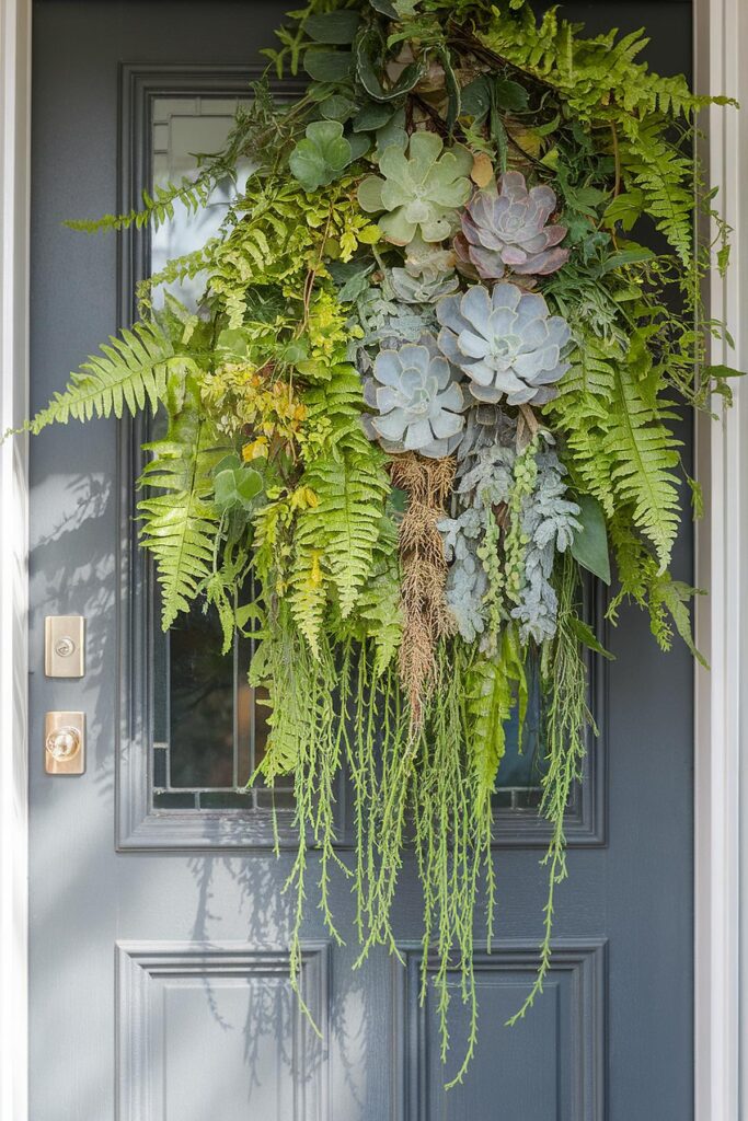 Lush fern and succulent door decor on a stylish gray door, enhancing curb appeal and welcoming guests.