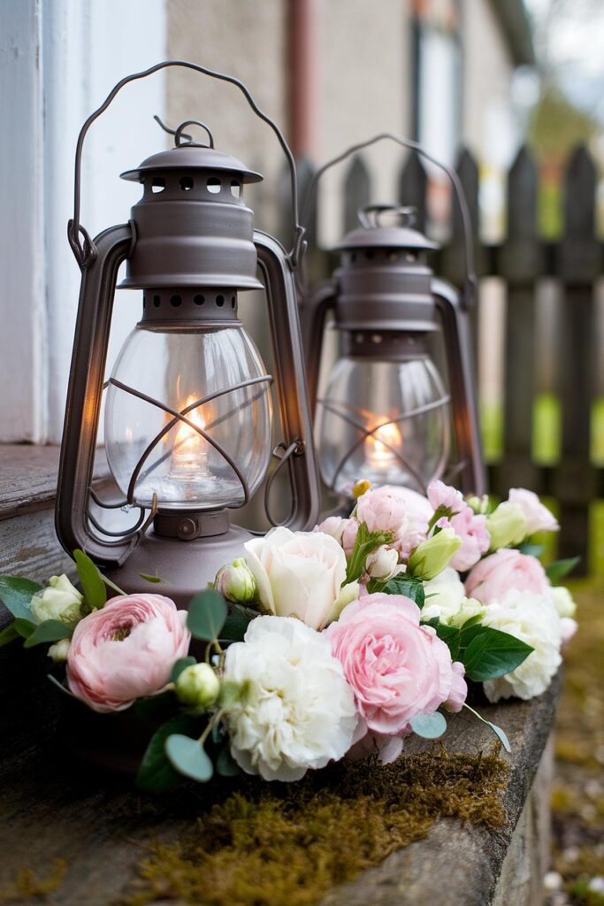 Vintage lanterns with glowing candles surrounded by pink and white flowers on a rustic stone ledge.