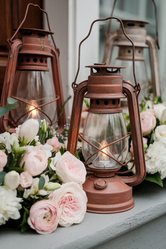 Rustic lanterns glowing among pink and white roses, creating a cozy, romantic ambiance.