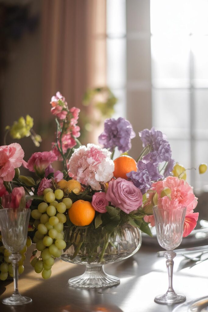 Elegant bouquet with pink, purple flowers, grapes, and oranges in a glass vase on a sunlit table.