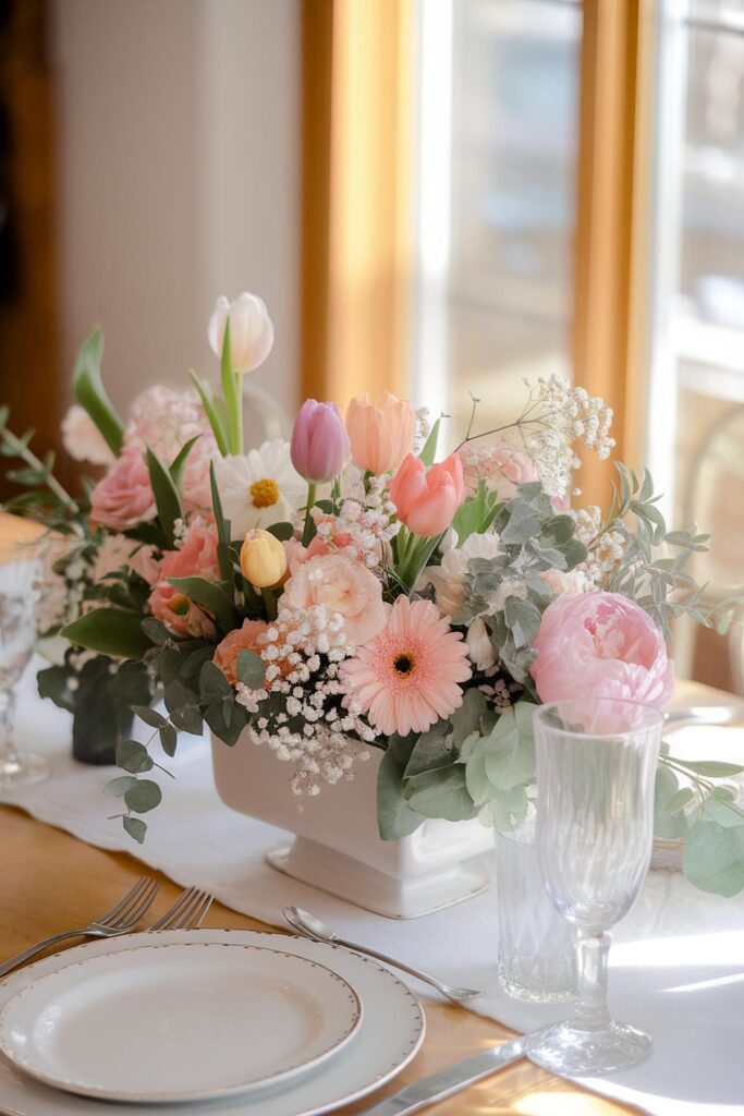 Elegant spring floral centerpiece with tulips and roses on a dining table with glassware and plates.