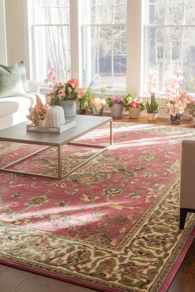 Bright living room with floral decor, pink patterned rug, and sunlit windows highlighting plants and furniture.