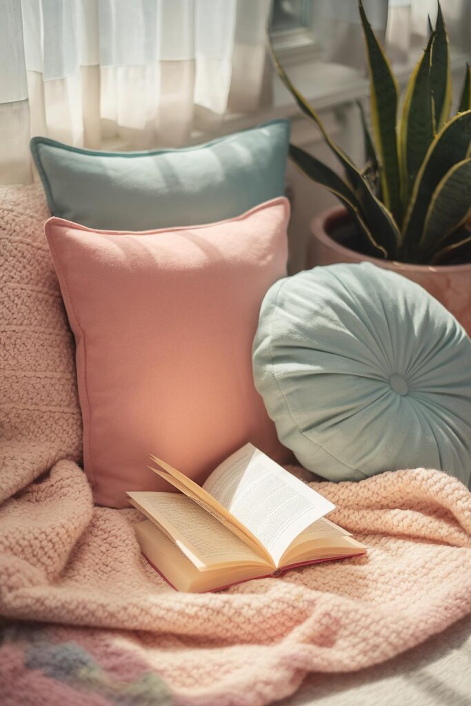 Cozy reading nook with pastel pillows, open book, and sunlight on a soft blanket. Ideal for relaxation and comfort.